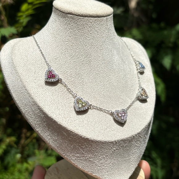 18K White Gold Plated Stainless Steel Multi Color Diamond Heart Necklace - Picture 4 of 7